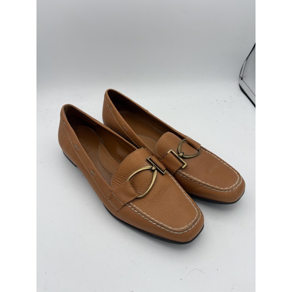 Michelle D Shoes Womens Size 7.5 Brown Leather Loafers Medallion Square Toe